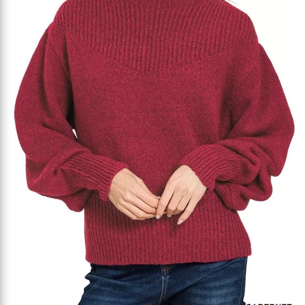 Zenana Mock Neck Balloon Sleeve Pink Sweater - Picture 6 of 8